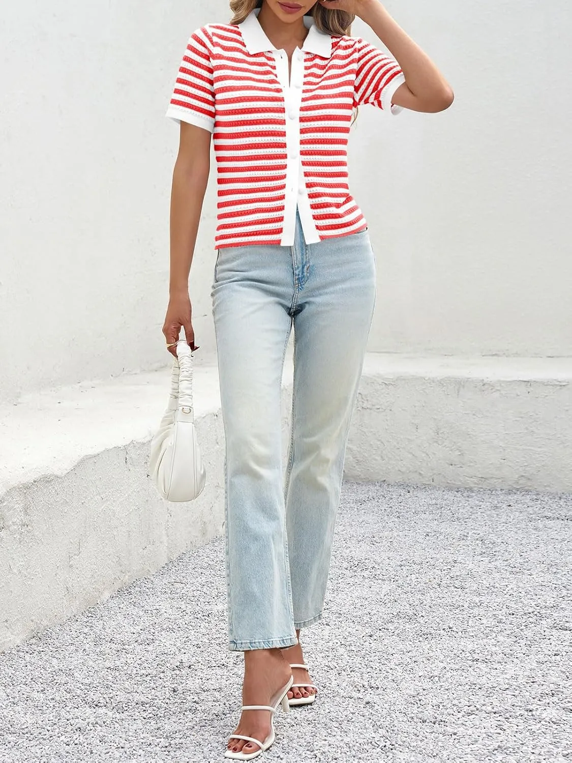 Saodimallsu Womens Striped Short Sleeve Sweater Tops Polo Collared Button Crochet Summer Cropped Cardigan