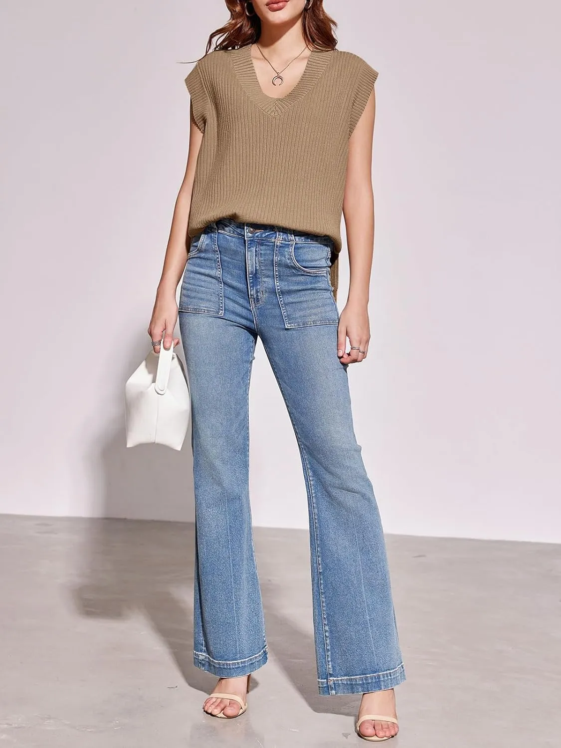 Saodimallsu Womens V Neck Sweater Vest Oversized Ribbed Knit Sleeveless Casual Loose Fit Pullover Tank Top