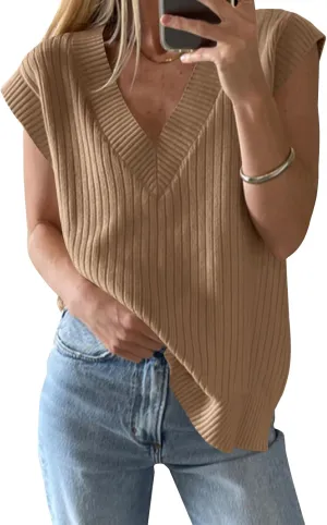 Saodimallsu Womens V Neck Sweater Vest Oversized Ribbed Knit Sleeveless Casual Loose Fit Pullover Tank Top