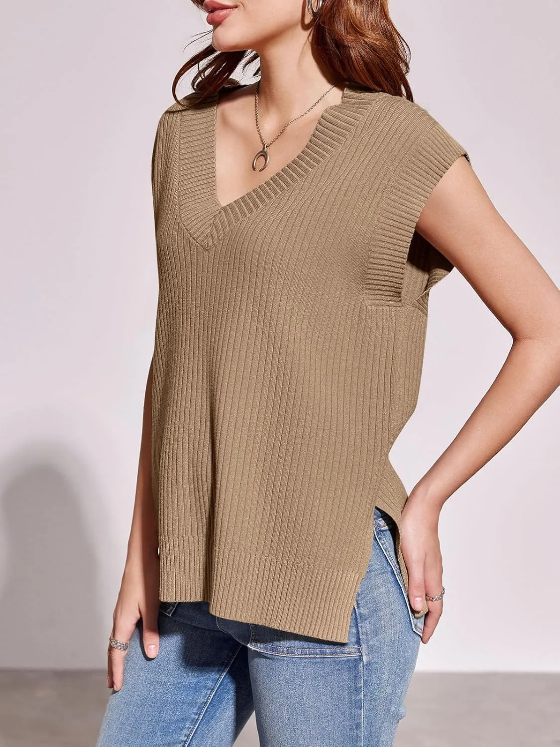 Saodimallsu Womens V Neck Sweater Vest Oversized Ribbed Knit Sleeveless Casual Loose Fit Pullover Tank Top