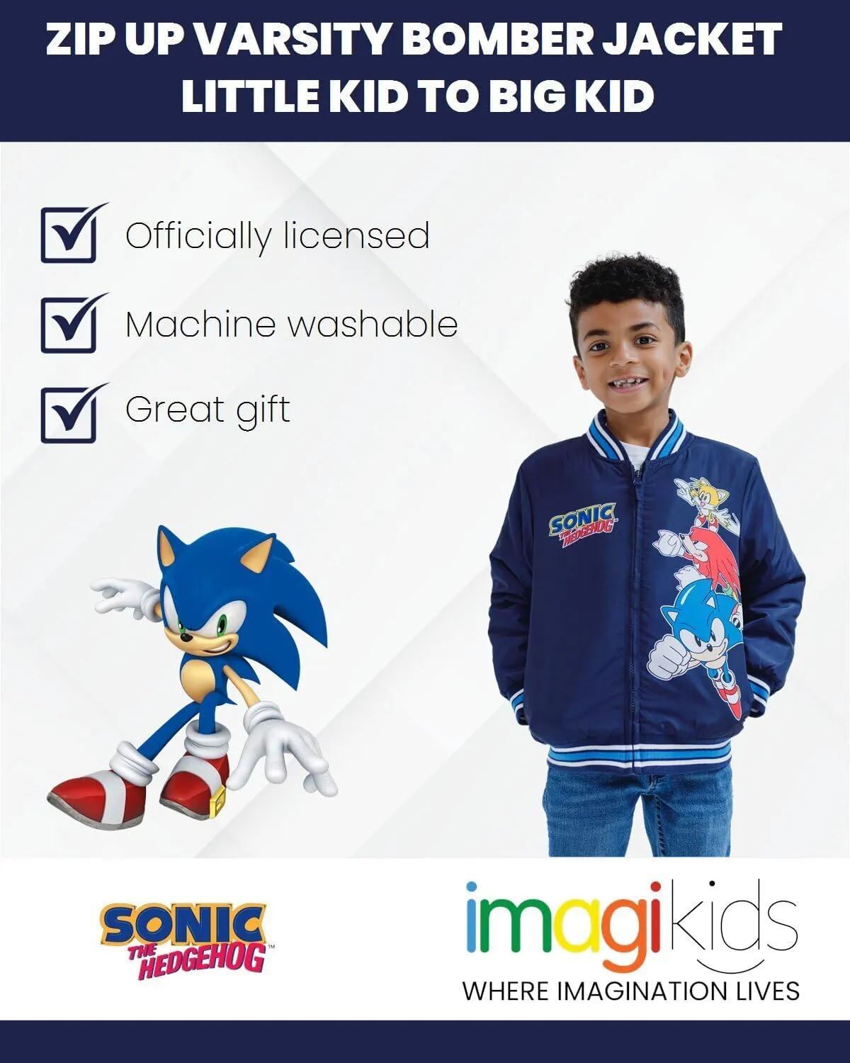 SEGA Sonic the Hedgehog Zip Up Varsity Bomber Jacket Little Kid to Big Kid Sizes (4-14-16)
