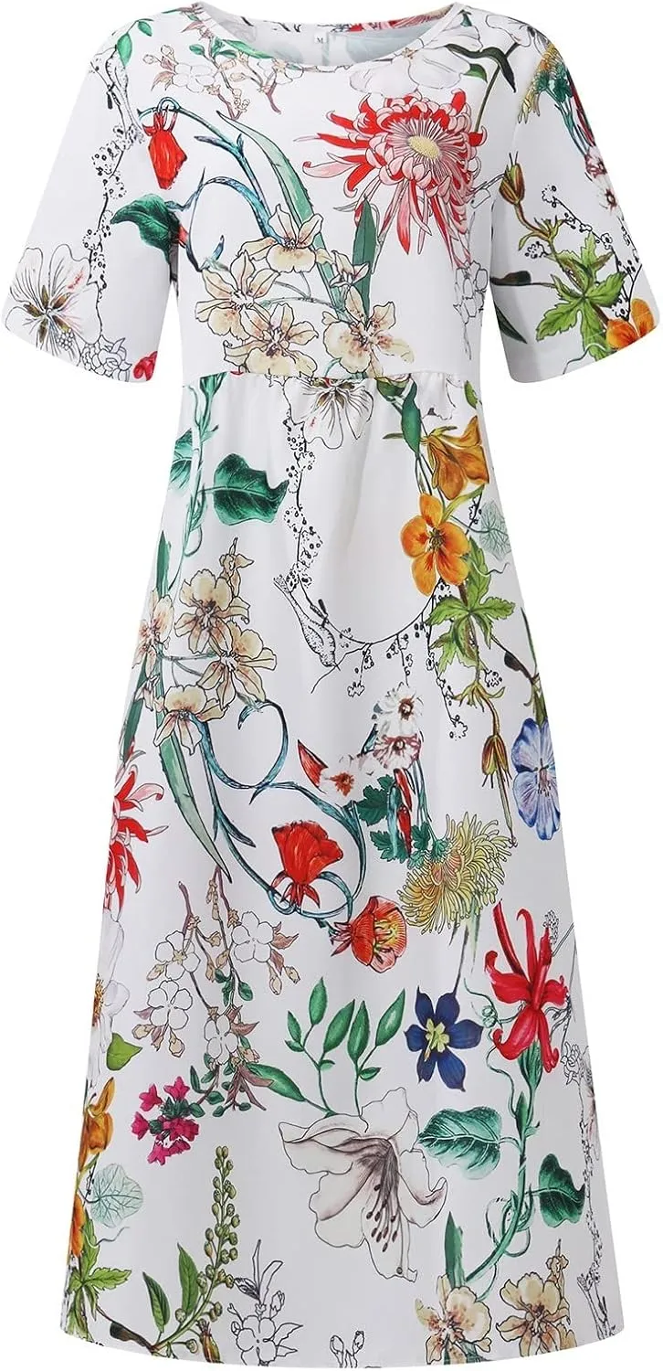 Segaven Dresses for Women 2024 Printed Round Neck Long Dresses Pocket Pleated Dresses Short Sleeve Casual Maxi Dress