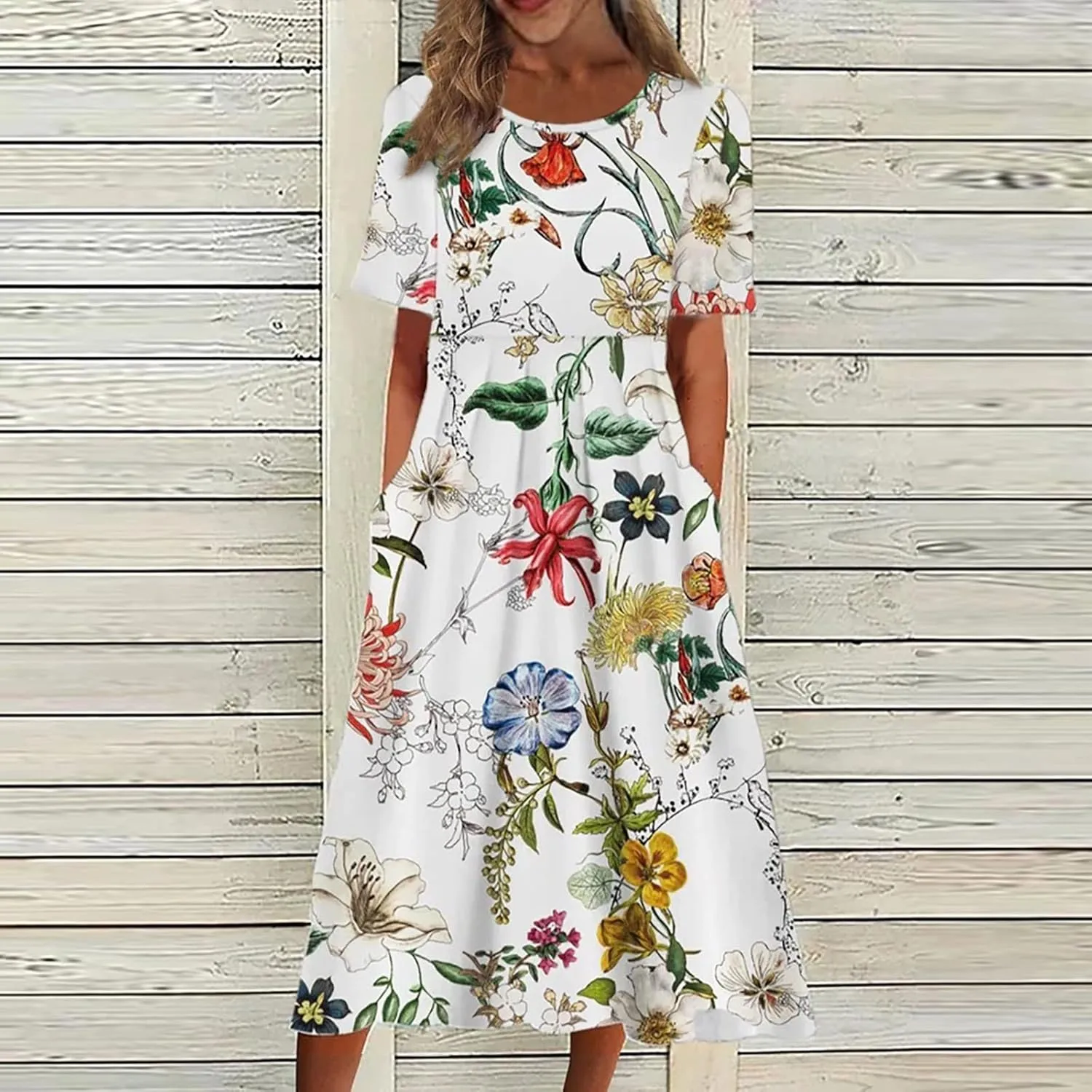 Segaven Dresses for Women 2024 Printed Round Neck Long Dresses Pocket Pleated Dresses Short Sleeve Casual Maxi Dress