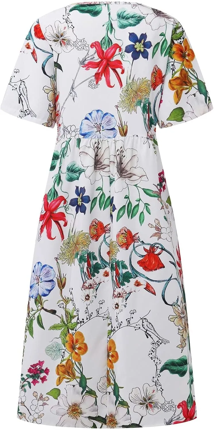 Segaven Dresses for Women 2024 Printed Round Neck Long Dresses Pocket Pleated Dresses Short Sleeve Casual Maxi Dress