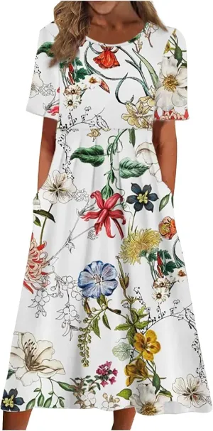 Segaven Dresses for Women 2024 Printed Round Neck Long Dresses Pocket Pleated Dresses Short Sleeve Casual Maxi Dress