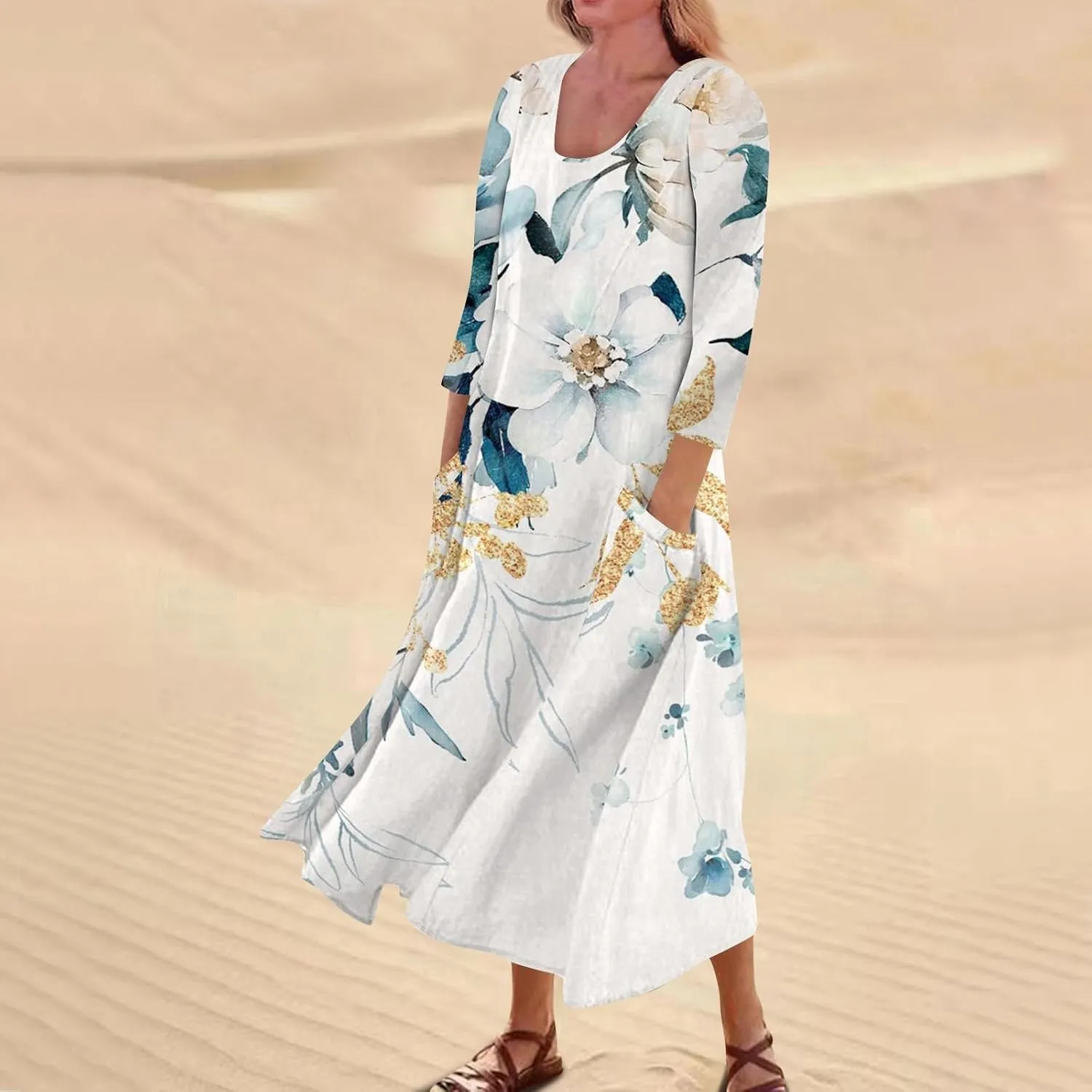 Segaven Womens Dresses Boho Flowy 3/4 Sleeve Sundresses with Pocket U Neck Printed Maxi Dresses Casual Beach Dress