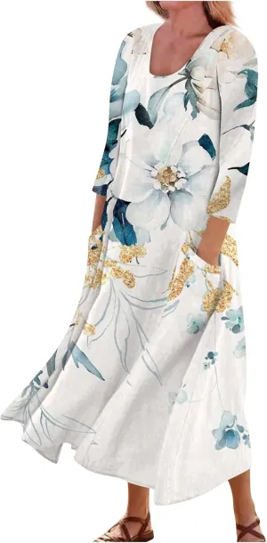 Segaven Womens Dresses Boho Flowy 3/4 Sleeve Sundresses with Pocket U Neck Printed Maxi Dresses Casual Beach Dress
