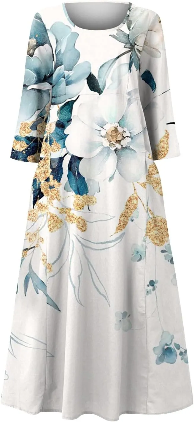 Segaven Womens Dresses Boho Flowy 3/4 Sleeve Sundresses with Pocket U Neck Printed Maxi Dresses Casual Beach Dress