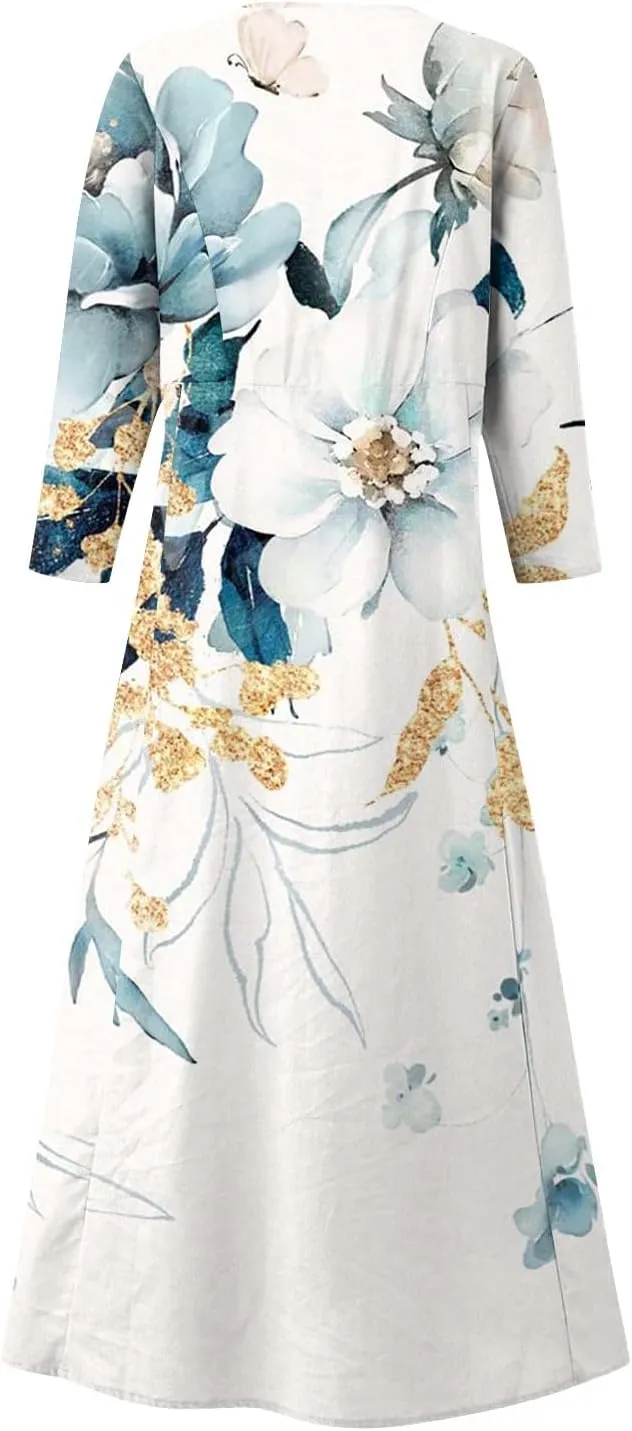 Segaven Womens Dresses Boho Flowy 3/4 Sleeve Sundresses with Pocket U Neck Printed Maxi Dresses Casual Beach Dress