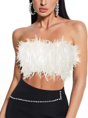 Sexy Faux Fur Feather Crop Tops Furry Strapless Bandeau Tube Top Club Party Camisole Vest Tops(White,L)