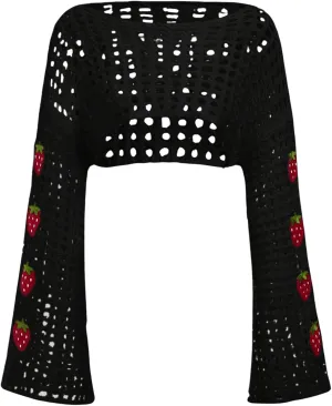 SHENHE Women's Crochet Hollow Out Y2k Long Sleeve Cropped Knit Sweater Top