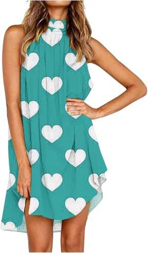 Sinzelimin Women Summer Beach Dress Fashion Heart Printed Sleeveless Irregular Hem Casual Sundress Turtleneck Mini Tank Dress
