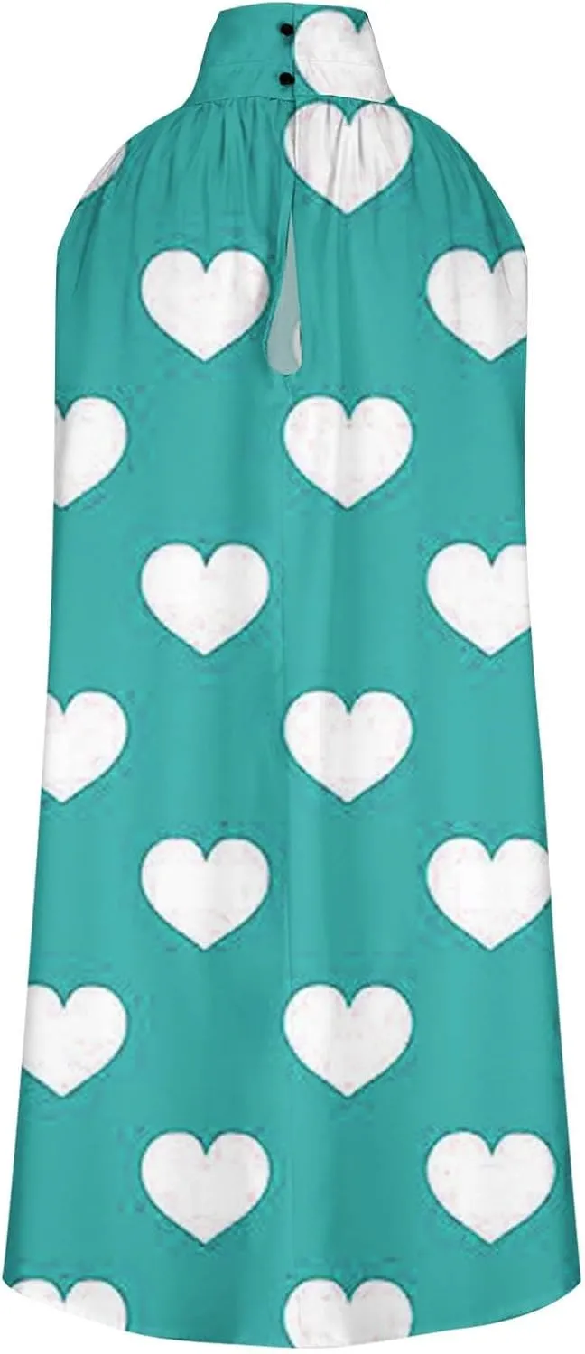 Sinzelimin Women Summer Beach Dress Fashion Heart Printed Sleeveless Irregular Hem Casual Sundress Turtleneck Mini Tank Dress