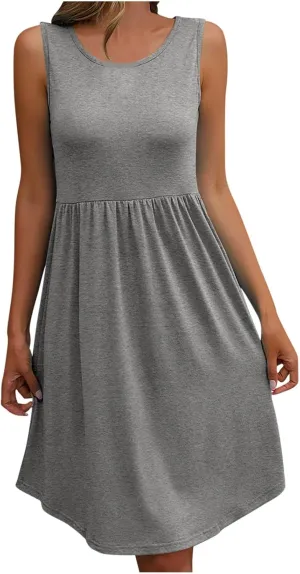 Sleeveless Summer Dress for Women 2025 Casual Round Neck Ruffle Swing Dresses Beach Sun Mini Tank Short Sundresses