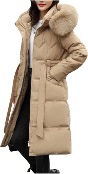 SMIDOW Long Puffer Winter Coat For Women Trendy 2023 Padded Down Jackets Full Zip Up Parka Coats With Faux Fur Hood