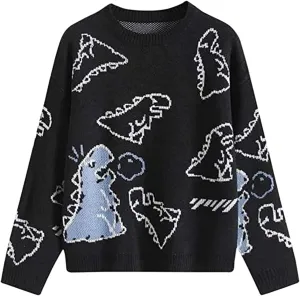 SOLILOQUY Women Cute Dinosaur Sweater Casual Crew Neck Oversized Knitted Pullover Y2K Harajuku Knitwear