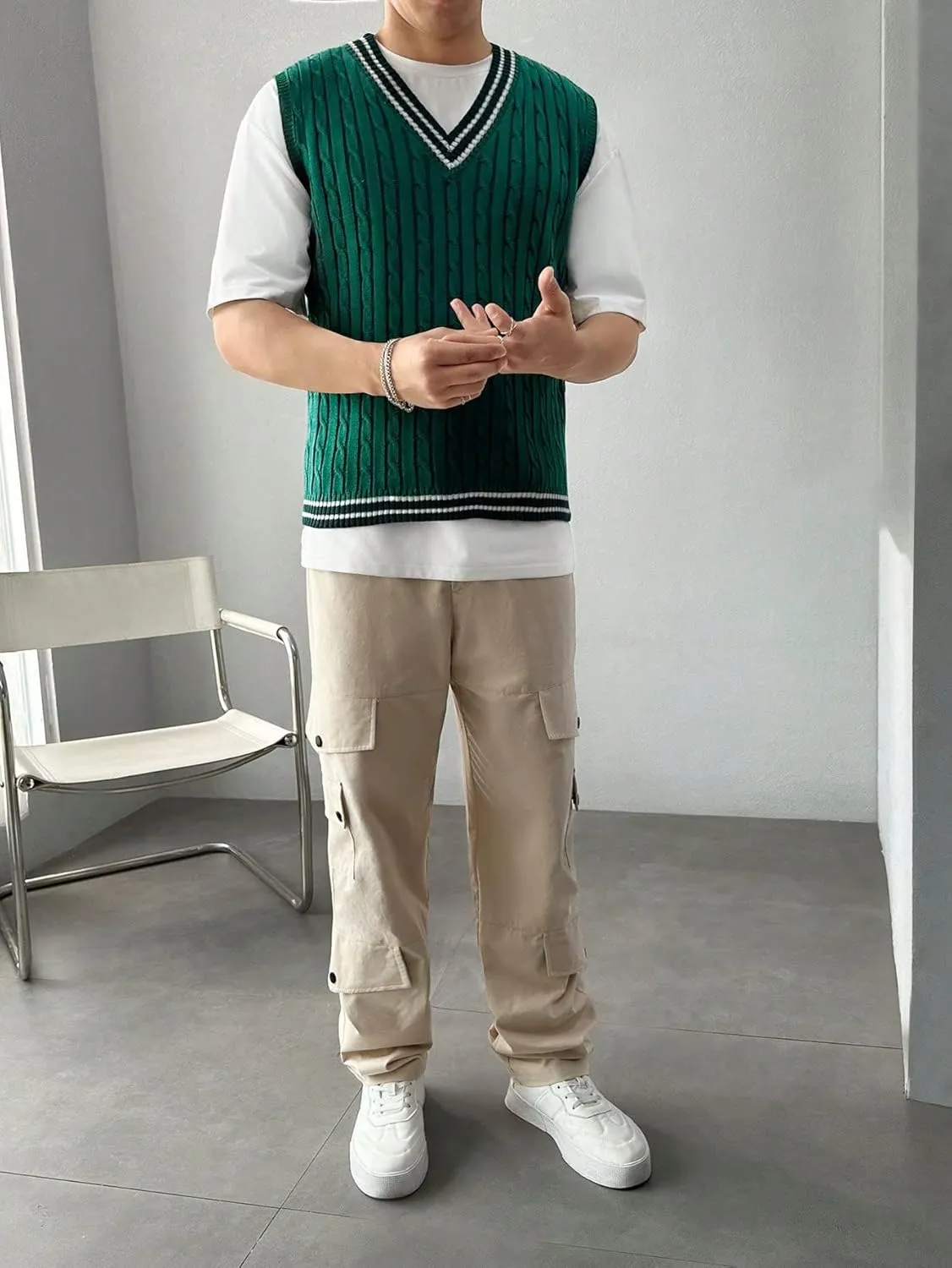 SOLY HUX Men's Striped Cable Knit Sweater Vest V Neck Sleeveless Casual School Sweater Tops