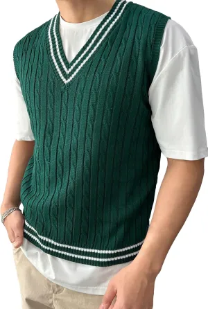 SOLY HUX Men's Striped Cable Knit Sweater Vest V Neck Sleeveless Casual School Sweater Tops