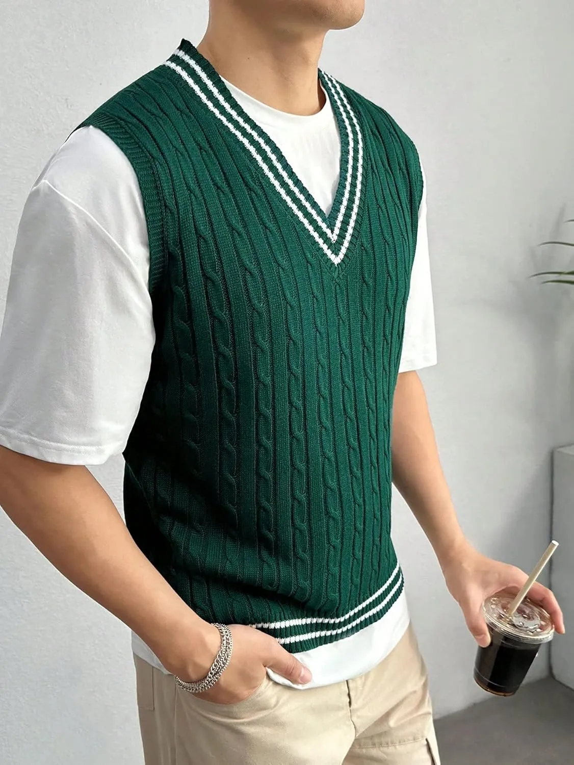 SOLY HUX Men's Striped Cable Knit Sweater Vest V Neck Sleeveless Casual School Sweater Tops