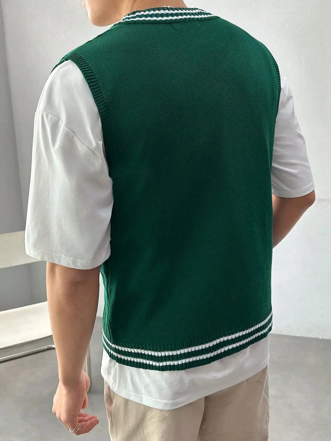 SOLY HUX Men's Striped Cable Knit Sweater Vest V Neck Sleeveless Casual School Sweater Tops