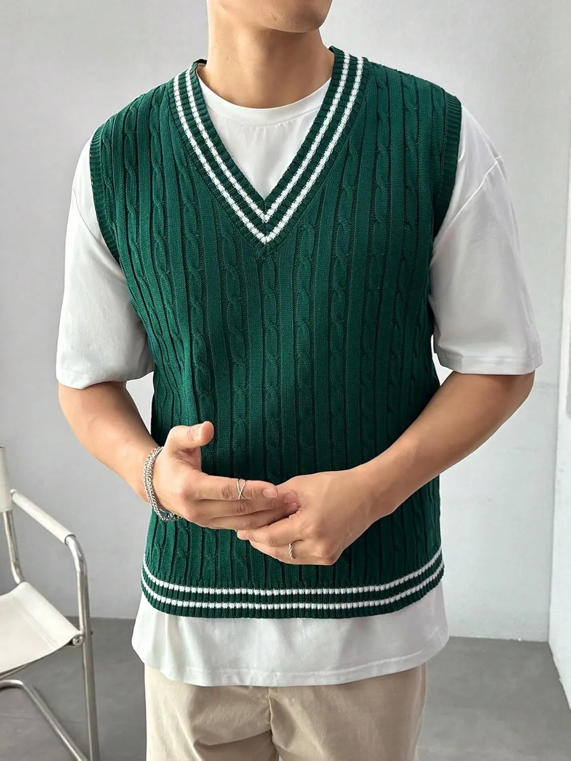 SOLY HUX Men's Striped Cable Knit Sweater Vest V Neck Sleeveless Casual School Sweater Tops