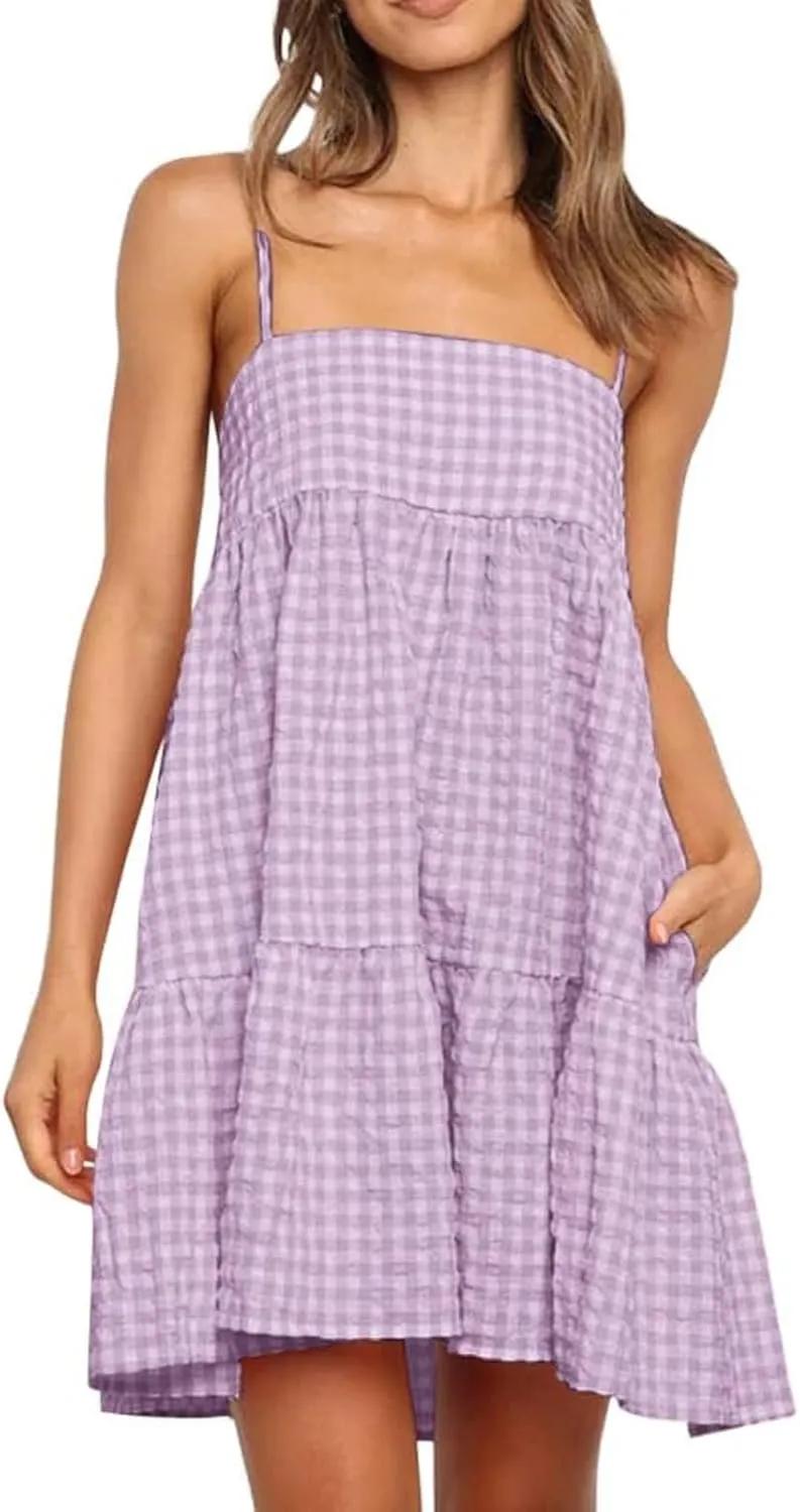 Spaghetti Strap Dresses for Women Summer Sleeveless Plaid Mini Dress Casual Loose Flowy Vacation Dress with Pockets