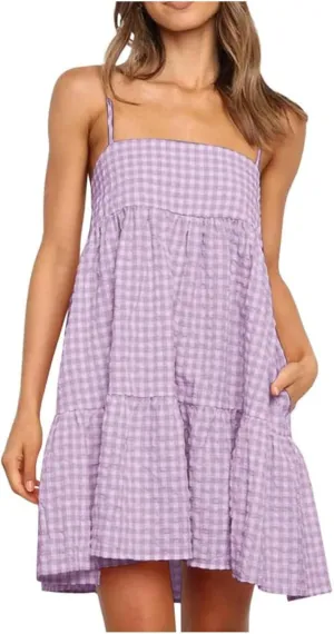 Spaghetti Strap Dresses for Women Summer Sleeveless Plaid Mini Dress Casual Loose Flowy Vacation Dress with Pockets