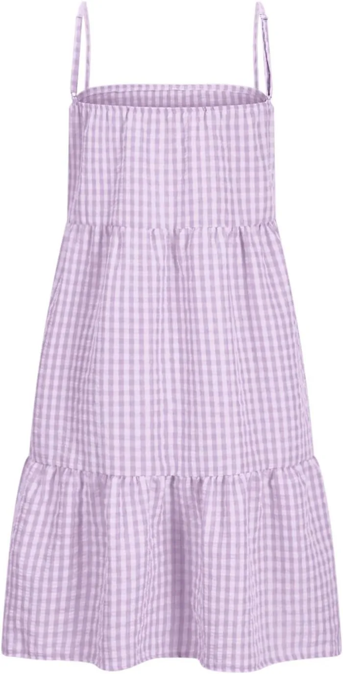 Spaghetti Strap Dresses for Women Summer Sleeveless Plaid Mini Dress Casual Loose Flowy Vacation Dress with Pockets