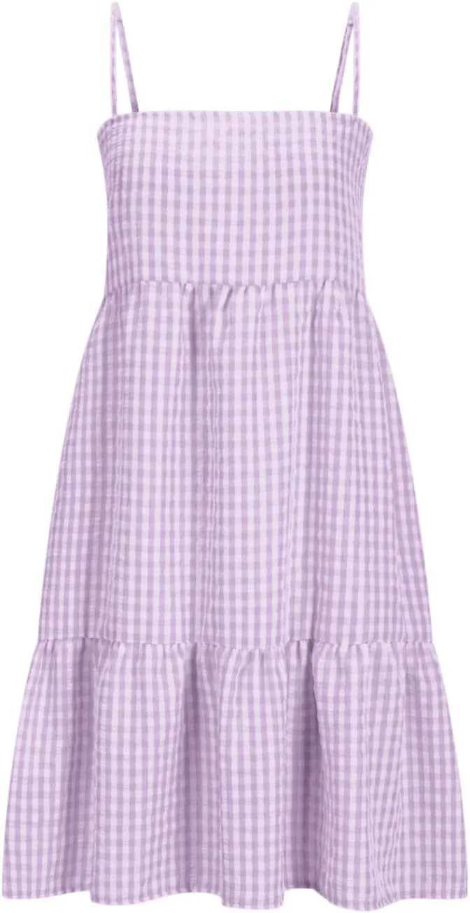 Spaghetti Strap Dresses for Women Summer Sleeveless Plaid Mini Dress Casual Loose Flowy Vacation Dress with Pockets