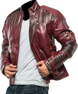 SpazeUp Distressed Red Maroon Leather Jacket Men - Star Superhero Cosplay Costume Jacket Pants