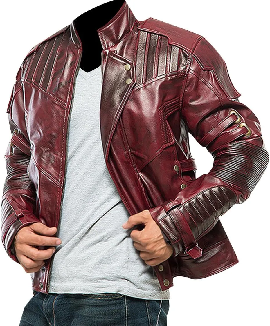 SpazeUp Distressed Red Maroon Leather Jacket Men - Star Superhero Cosplay Costume Jacket Pants