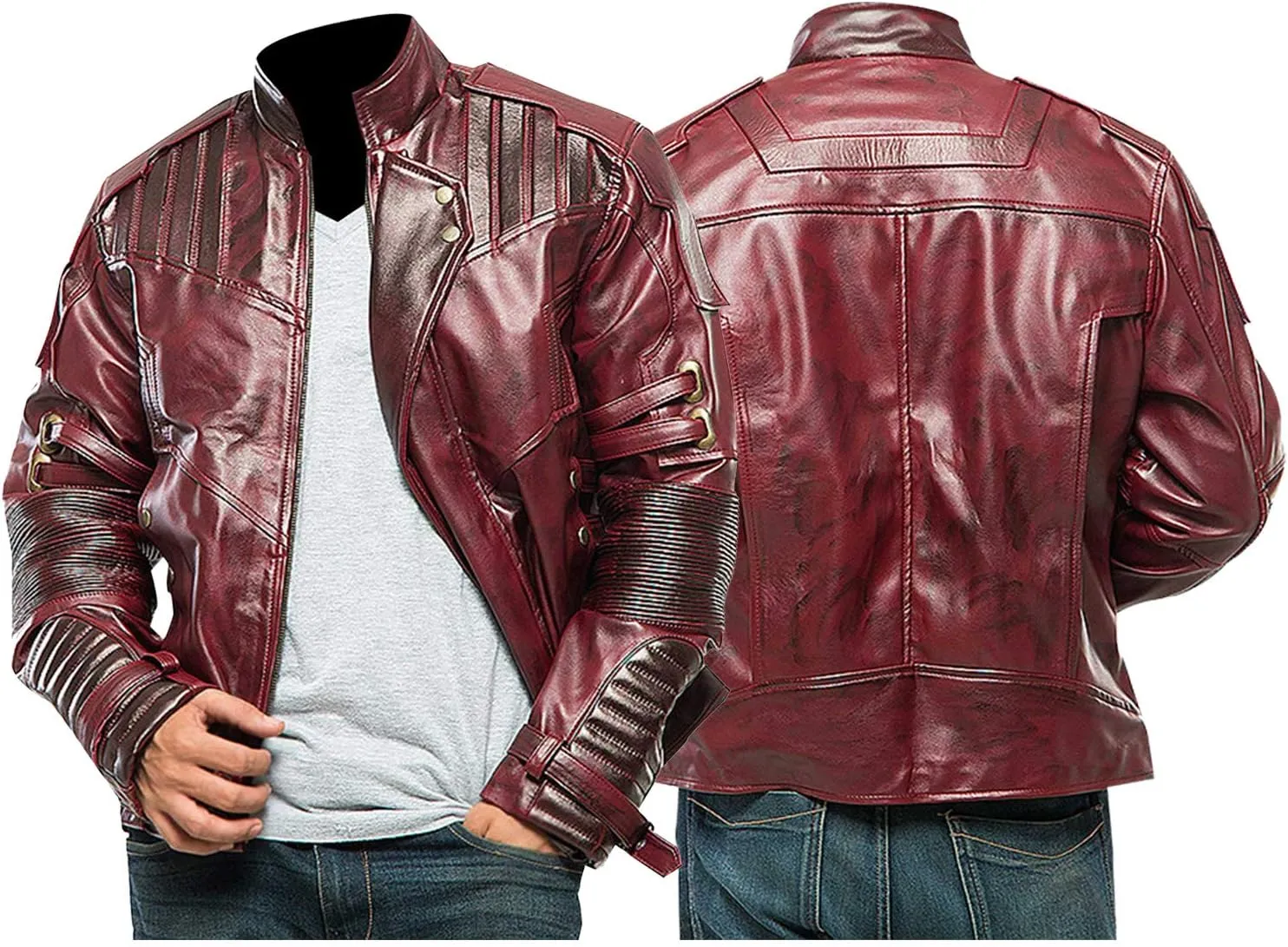 SpazeUp Distressed Red Maroon Leather Jacket Men - Star Superhero Cosplay Costume Jacket Pants