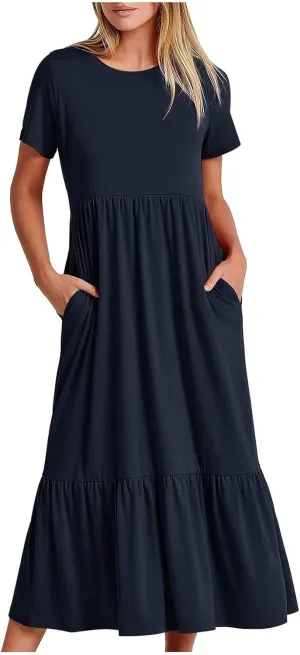 Spring Dresses for Women 2024 Casual Loose Short Sleeve Summer Long Tshirt Dress Flowy Tiered Maxi Beach Sundress