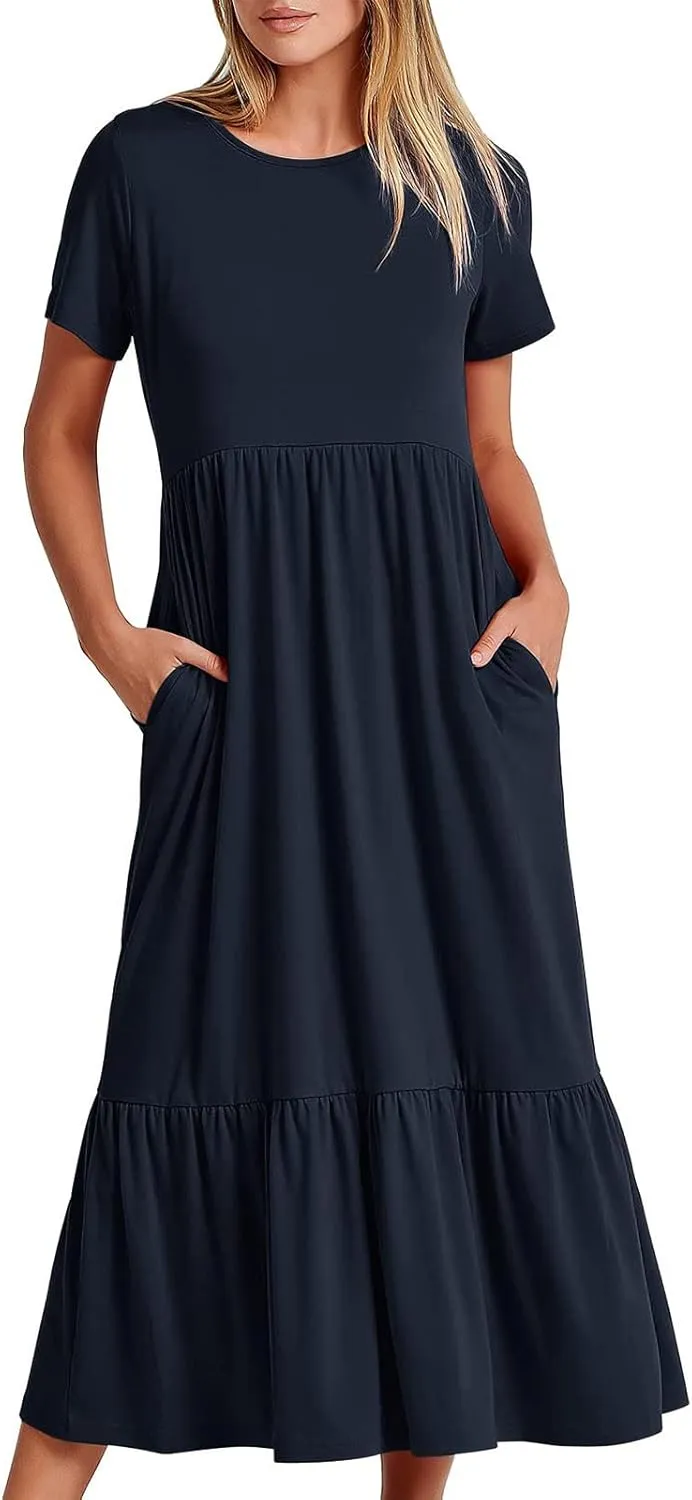 Spring Dresses for Women 2024 Casual Loose Short Sleeve Summer Long Tshirt Dress Flowy Tiered Maxi Beach Sundress