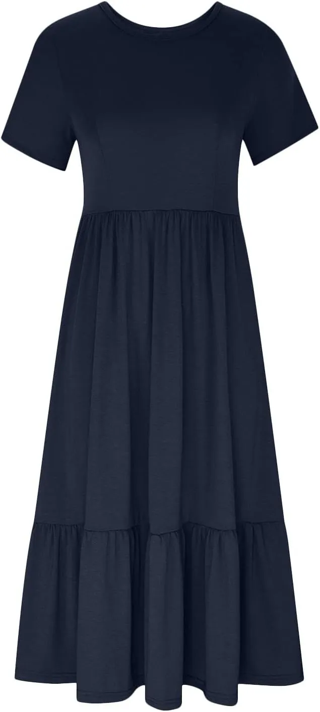 Spring Dresses for Women 2024 Casual Loose Short Sleeve Summer Long Tshirt Dress Flowy Tiered Maxi Beach Sundress