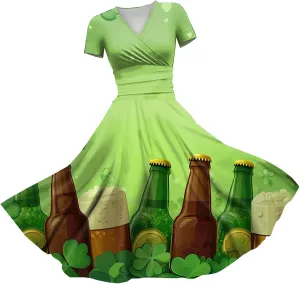 St Patricks Day Dress Women Elegant Short Sleeve Princess V Neck Pulled Ruffle Shamrock Print Waist Drawstring Dresses