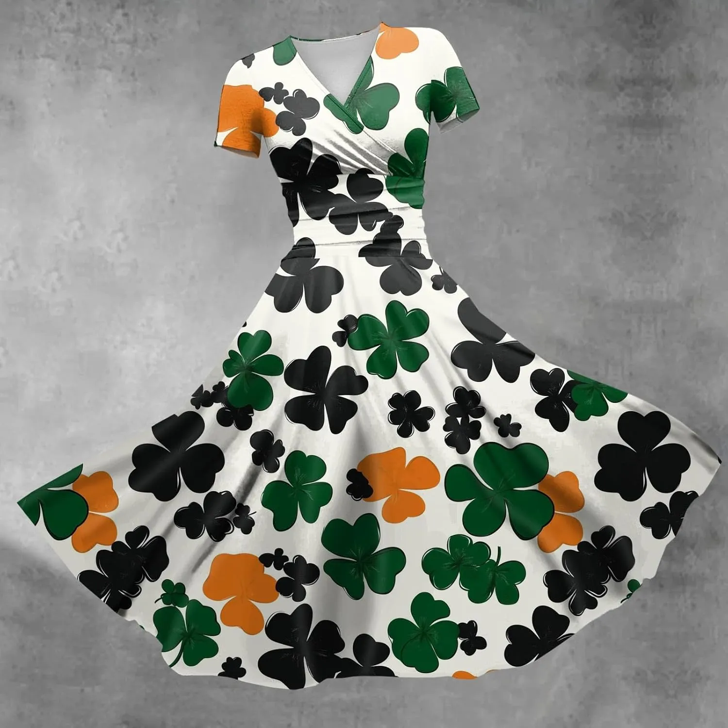 St Patricks Day Dress Women Elegant Short Sleeve Princess V Neck Pulled Ruffle Shamrock Print Waist Drawstring Dresses