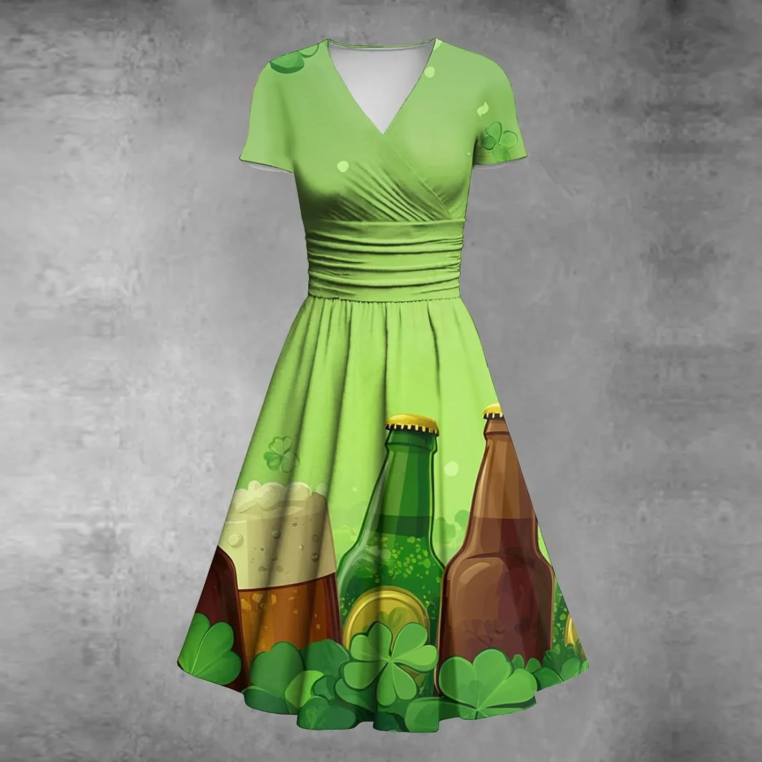St Patricks Day Dress Women Elegant Short Sleeve Princess V Neck Pulled Ruffle Shamrock Print Waist Drawstring Dresses