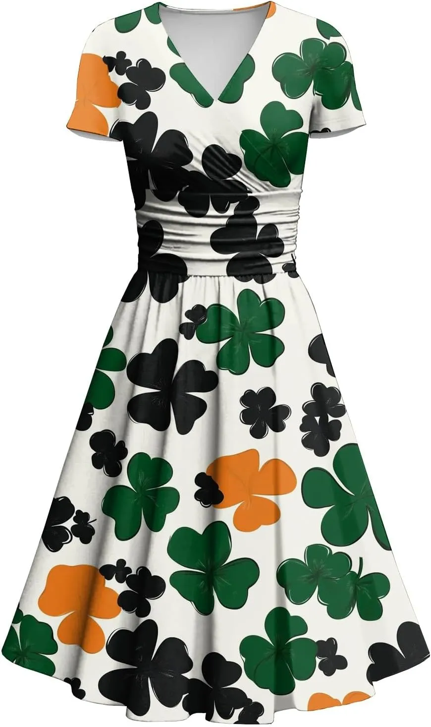 St Patricks Day Dress Women Elegant Short Sleeve Princess V Neck Pulled Ruffle Shamrock Print Waist Drawstring Dresses