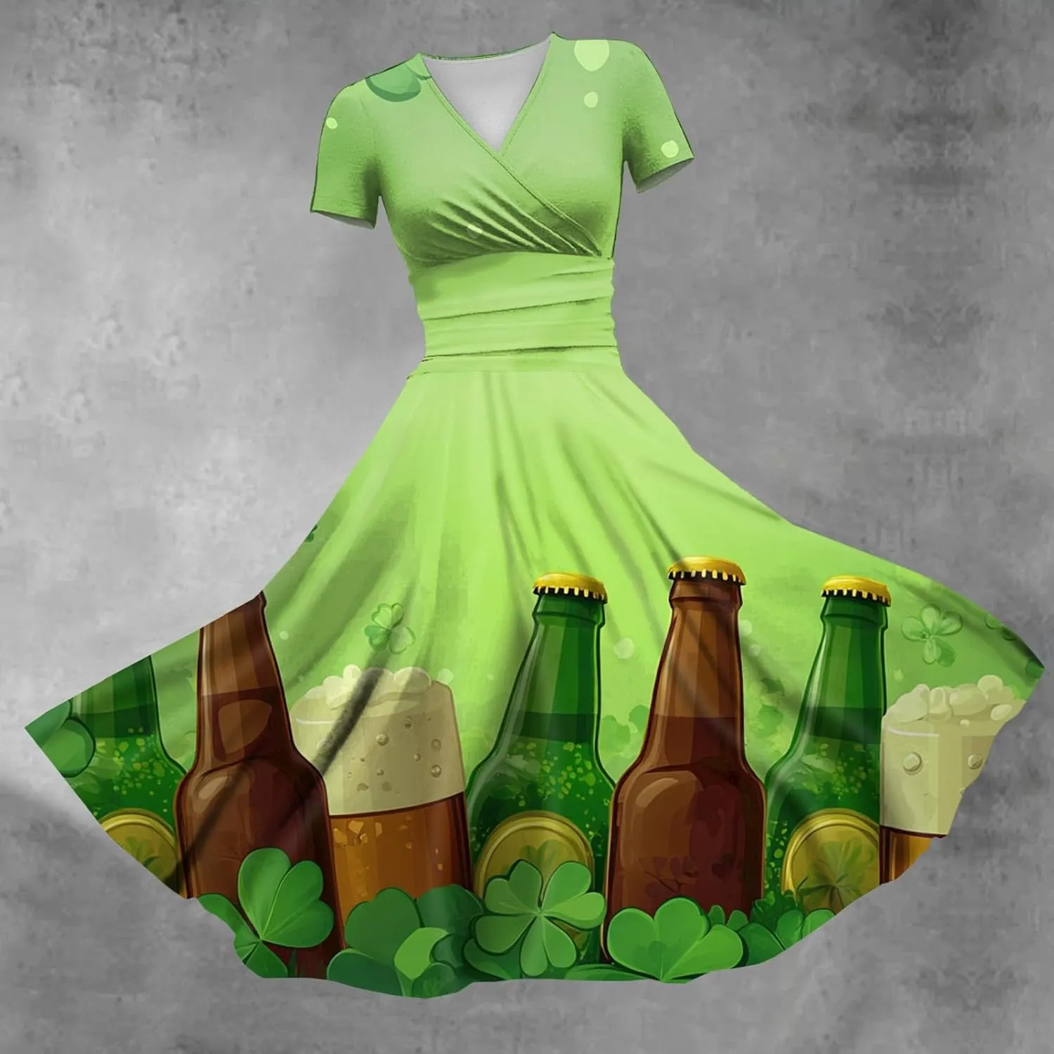 St Patricks Day Dress Women Elegant Short Sleeve Princess V Neck Pulled Ruffle Shamrock Print Waist Drawstring Dresses