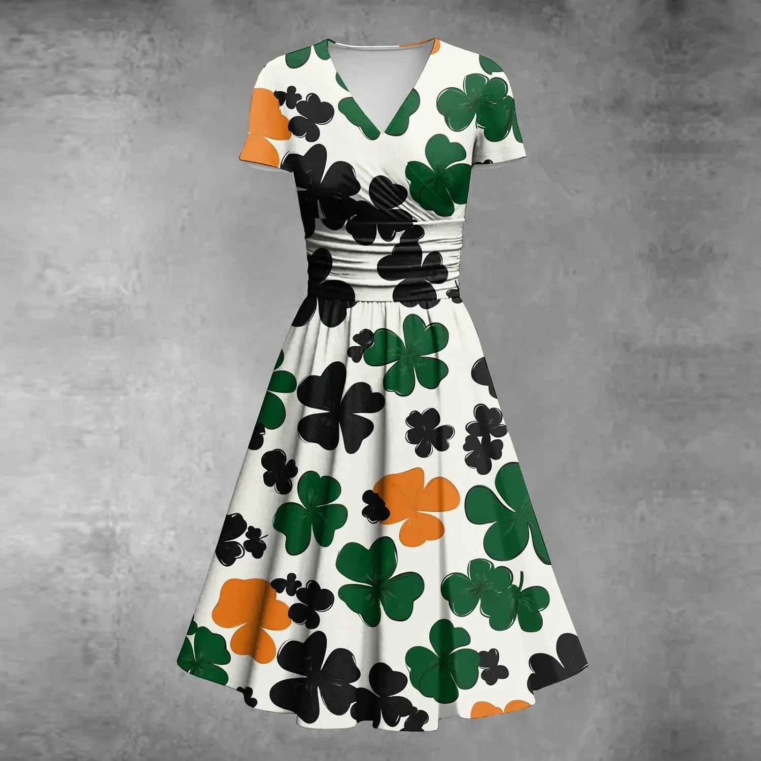 St Patricks Day Dress Women Elegant Short Sleeve Princess V Neck Pulled Ruffle Shamrock Print Waist Drawstring Dresses