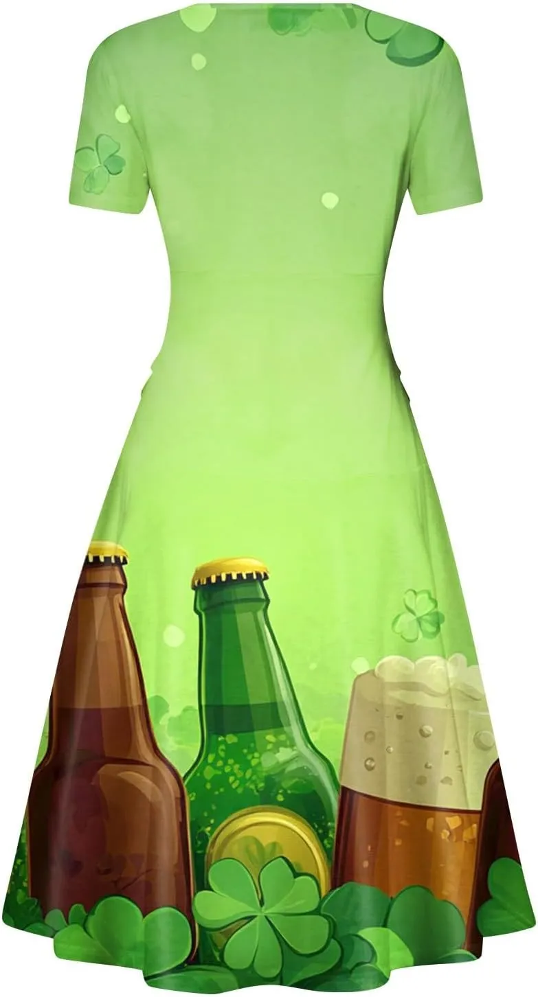 St Patricks Day Dress Women Elegant Short Sleeve Princess V Neck Pulled Ruffle Shamrock Print Waist Drawstring Dresses