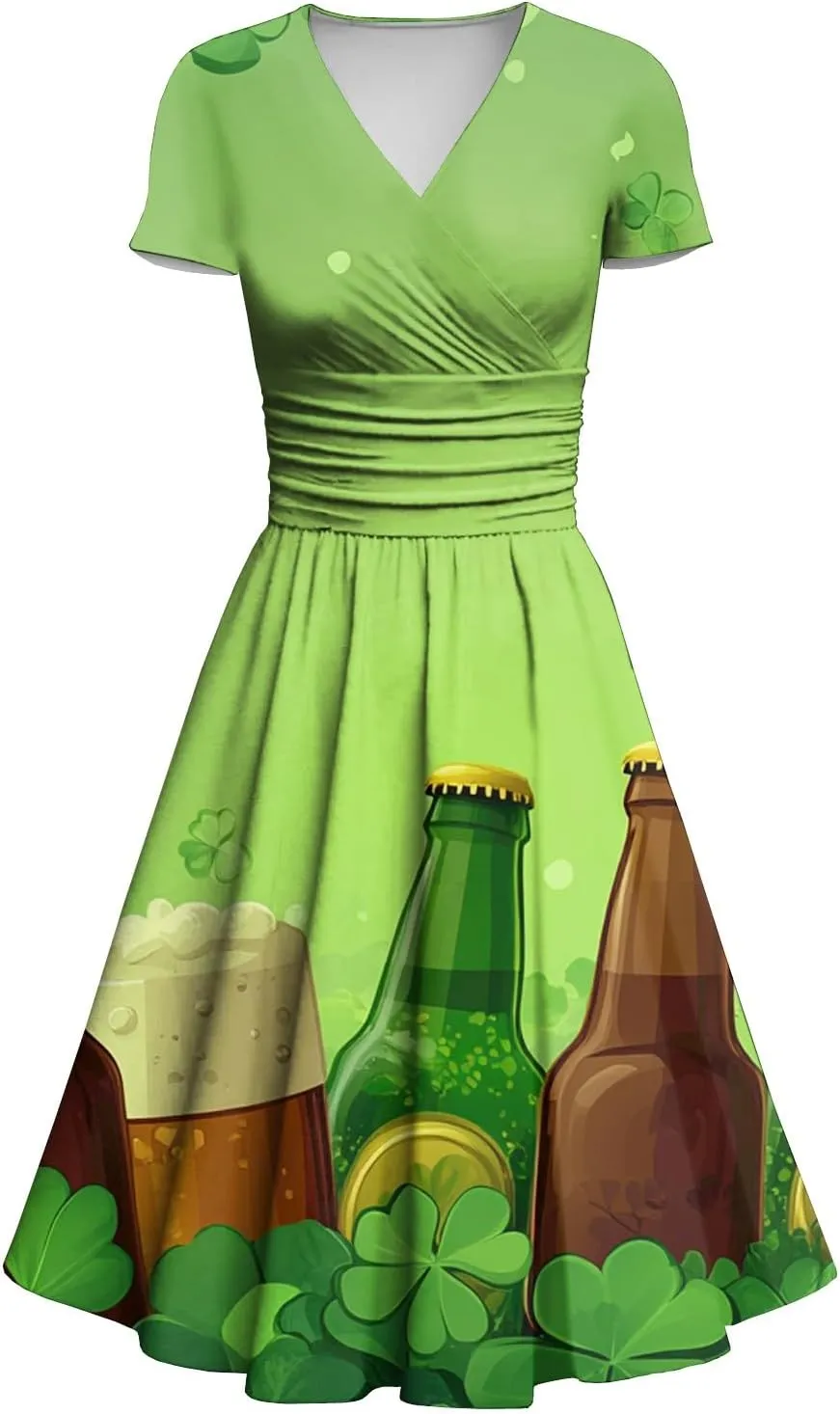 St Patricks Day Dress Women Elegant Short Sleeve Princess V Neck Pulled Ruffle Shamrock Print Waist Drawstring Dresses