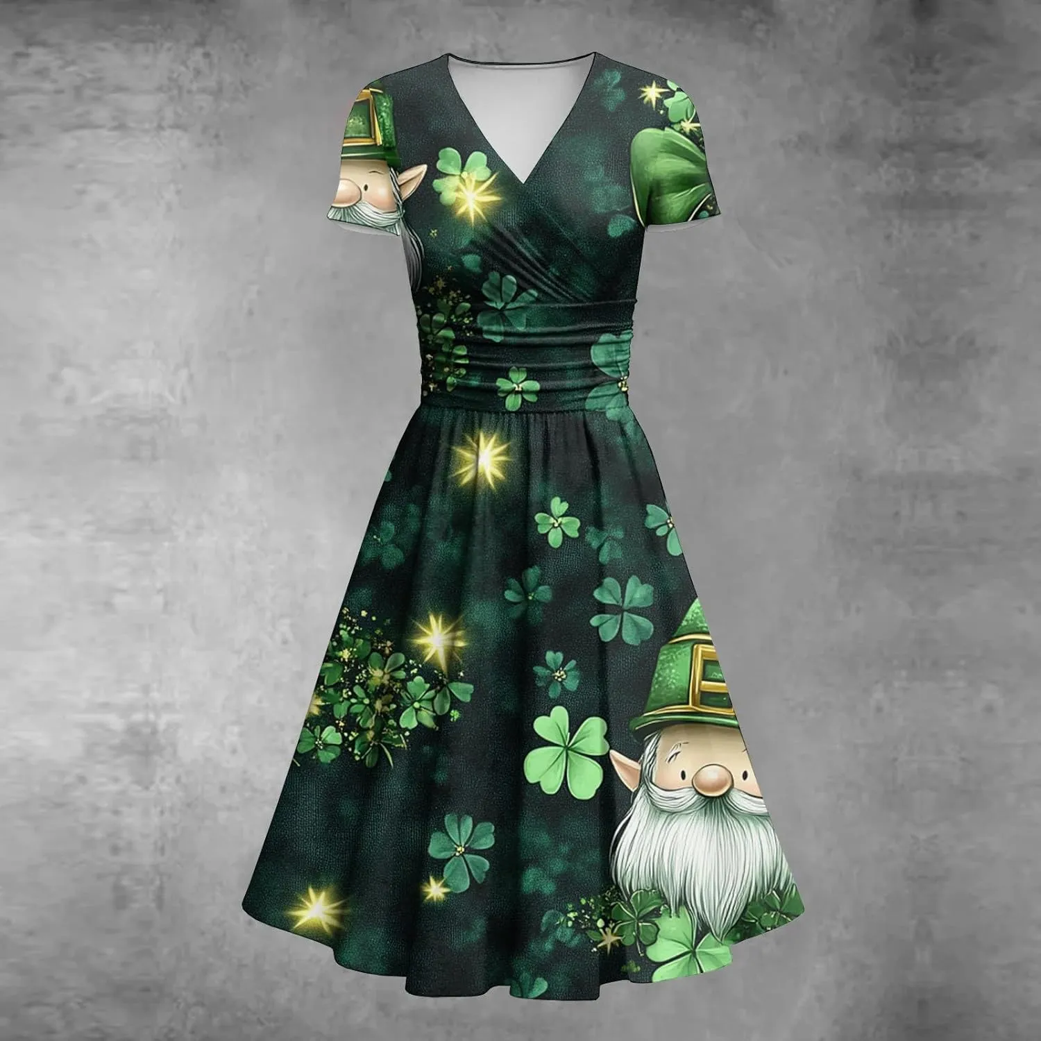 St Patricks Day Dresses for Women Short Sleeve V Neck Princess Pulled Ruffle Shamrock Print Waist Drawstring Dresses
