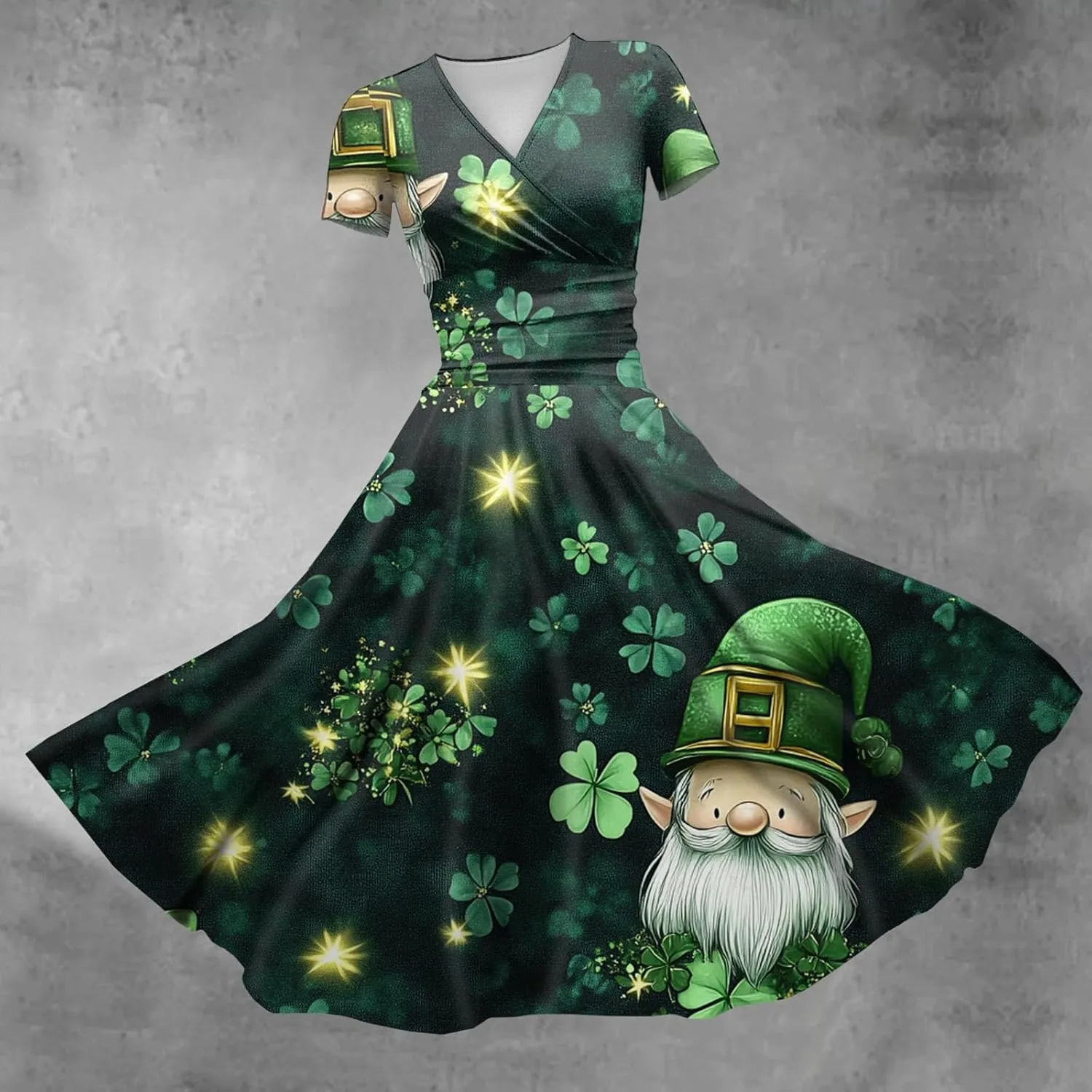 St Patricks Day Dresses for Women Short Sleeve V Neck Princess Pulled Ruffle Shamrock Print Waist Drawstring Dresses