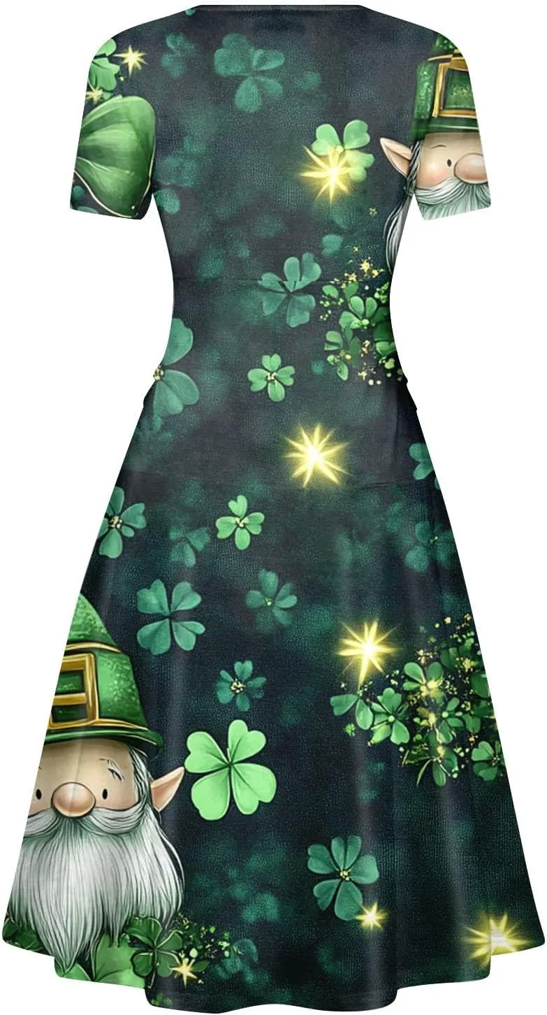 St Patricks Day Dresses for Women Short Sleeve V Neck Princess Pulled Ruffle Shamrock Print Waist Drawstring Dresses