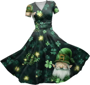 St Patricks Day Dresses for Women Short Sleeve V Neck Princess Pulled Ruffle Shamrock Print Waist Drawstring Dresses