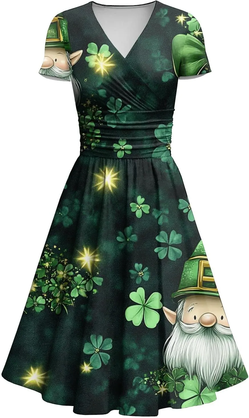 St Patricks Day Dresses for Women Short Sleeve V Neck Princess Pulled Ruffle Shamrock Print Waist Drawstring Dresses