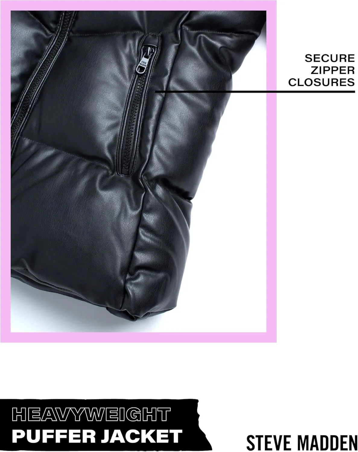 Steve Madden Girls' Jacket  Heavyweight Faux Leather Quilted Puffer Coat for Girls (4-16)