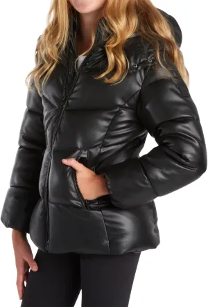 Steve Madden Girls' Jacket  Heavyweight Faux Leather Quilted Puffer Coat for Girls (4-16)